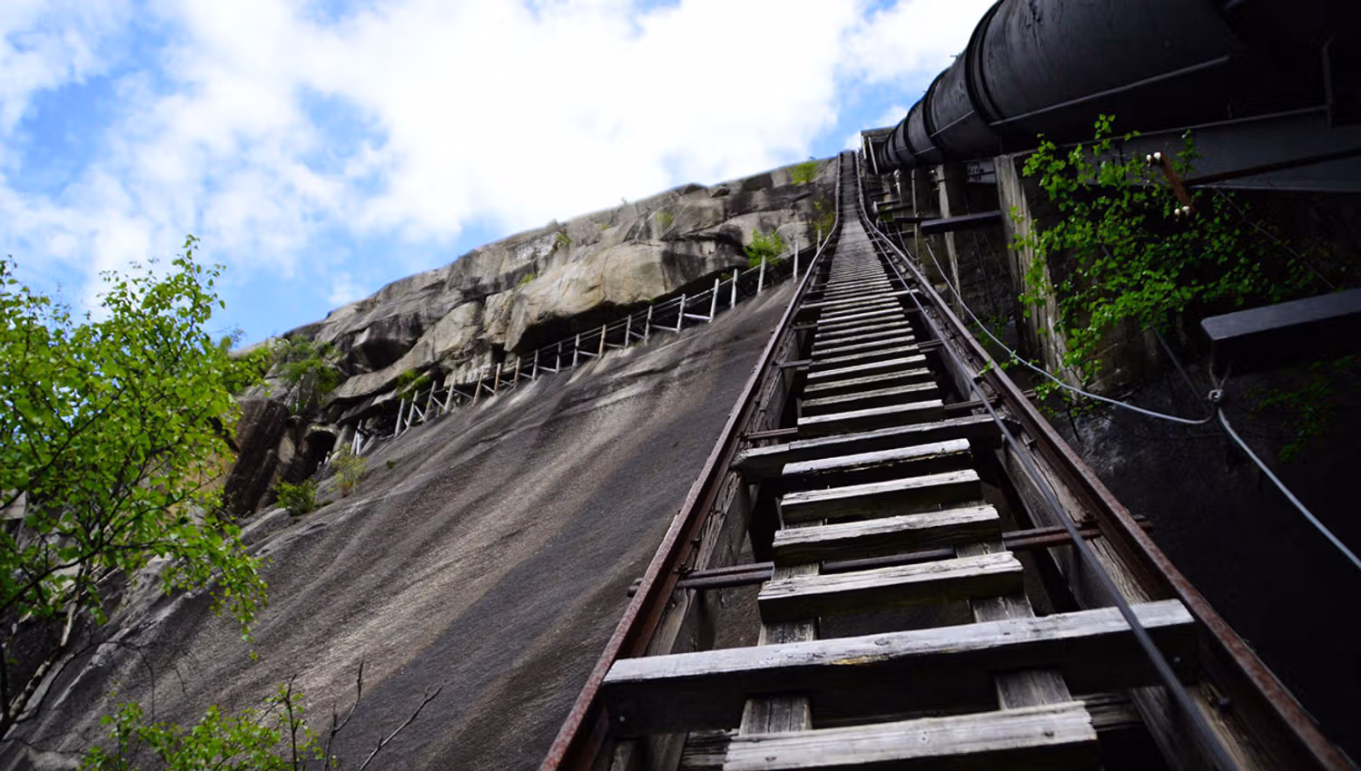 Ladder ascent up the mountainside alongside the pipeline in Tyssedal.
