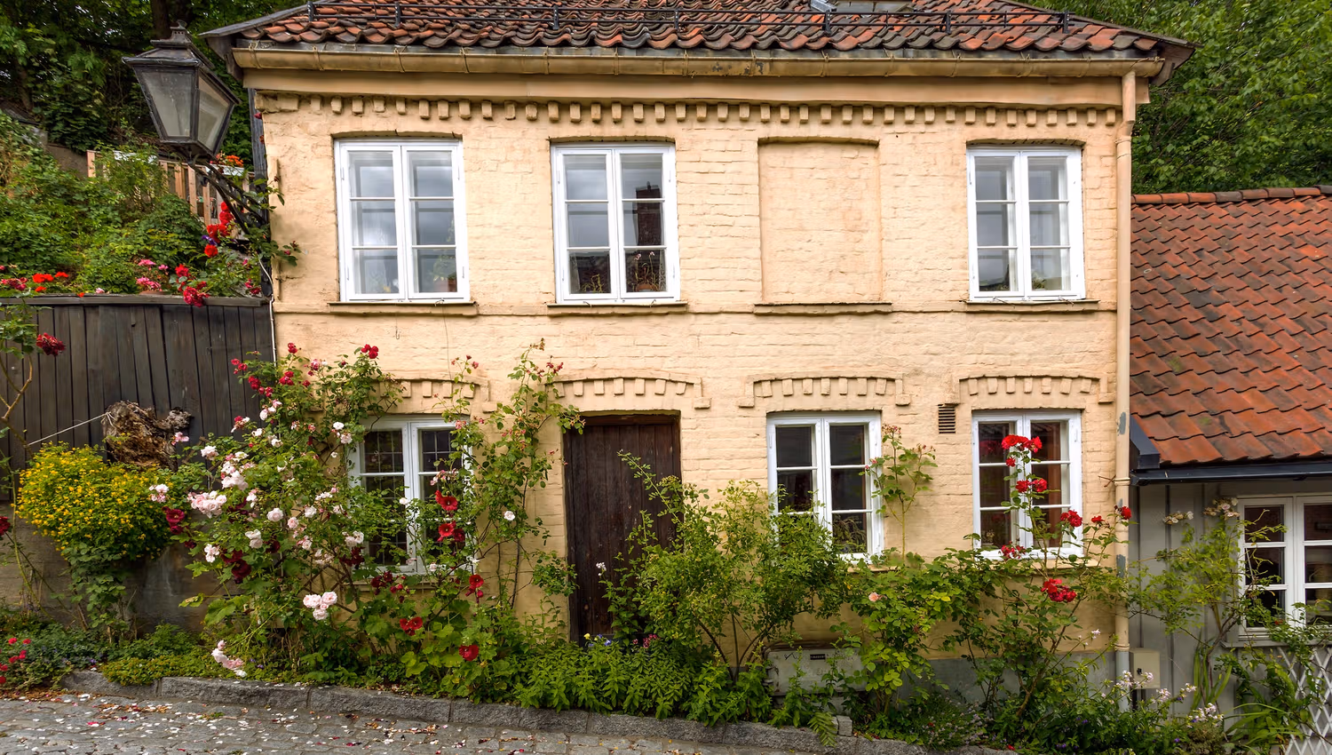 Old brick house with a variety of shrubs and flowers outside.