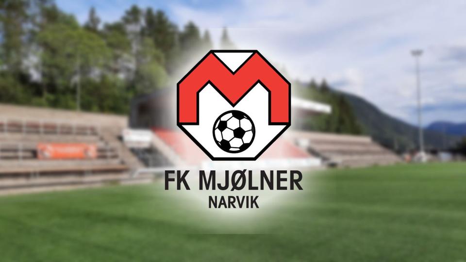 Centered FK Mjølner Narvik soccer logo over a blurred football stadium with green field, stands, trees, and sky.