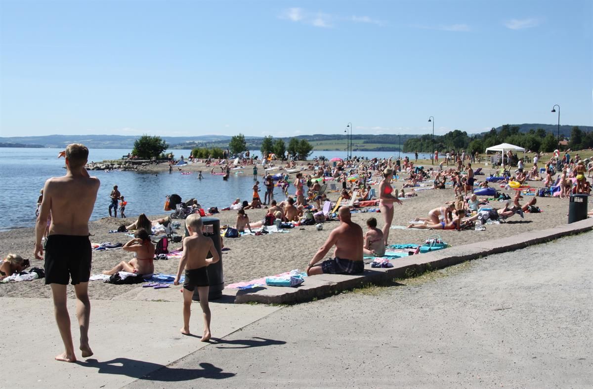 Koigen beach with a lot of people sun bathing and swimming 
