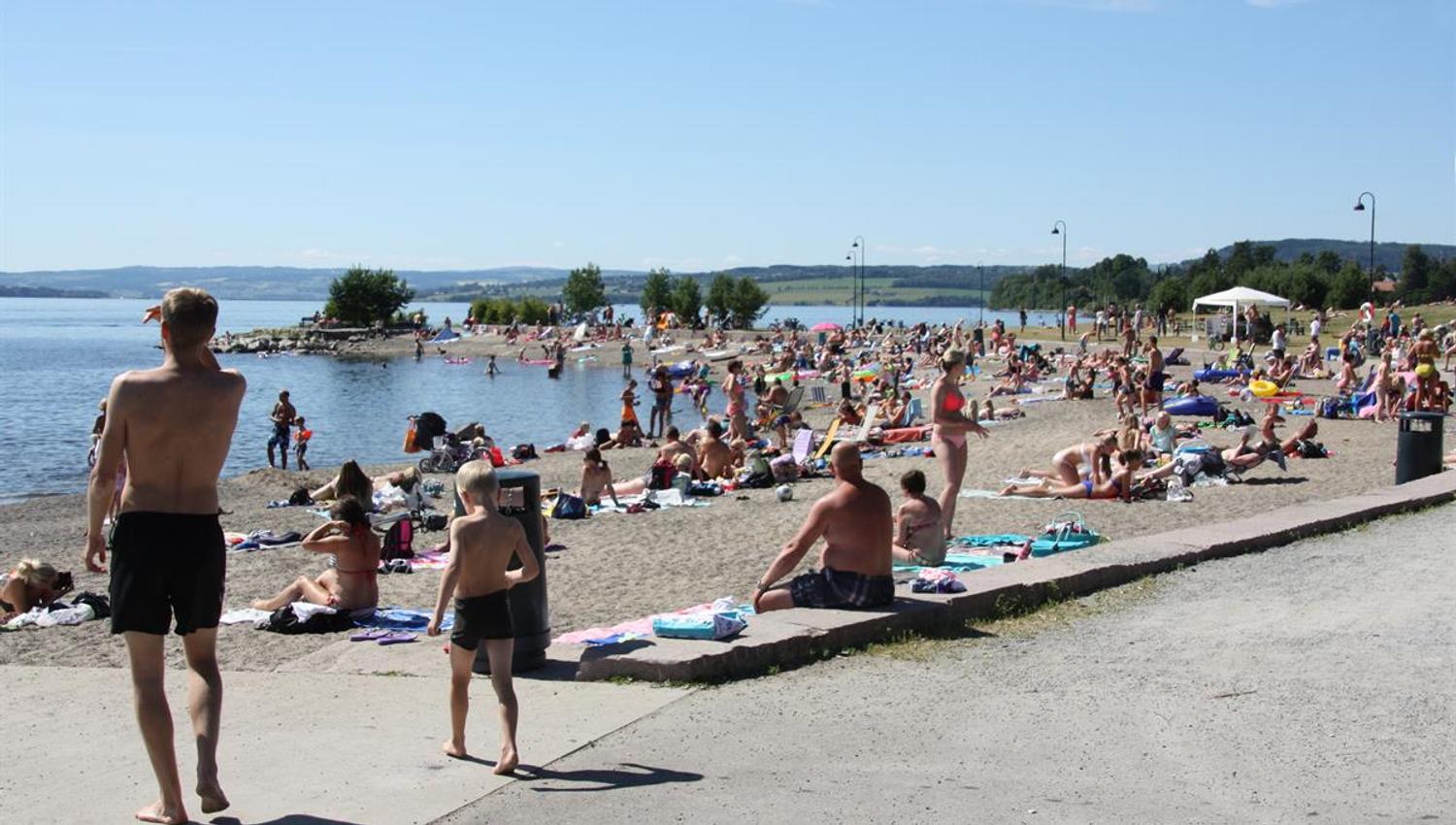 Koigen beach with a lot of people sun bathing and swimming