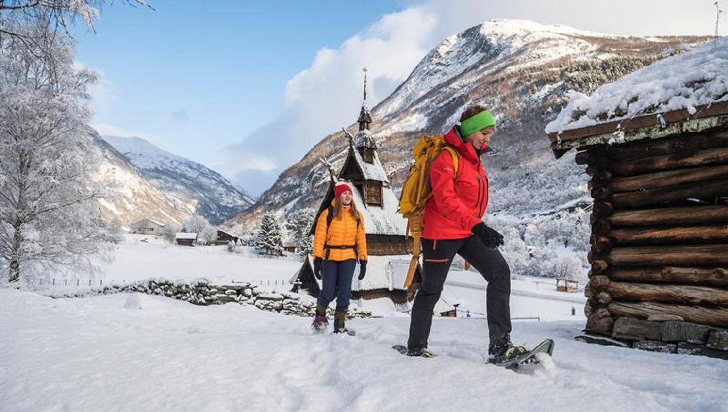 Snowshoeing near Borgund Stave Church