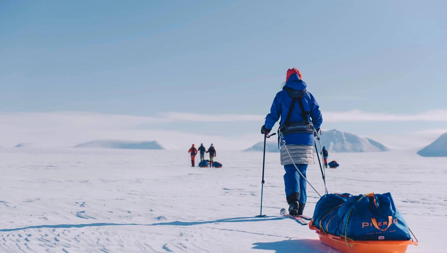 A skier pulling a sled in the foreground, with three skiers in the distance in the background