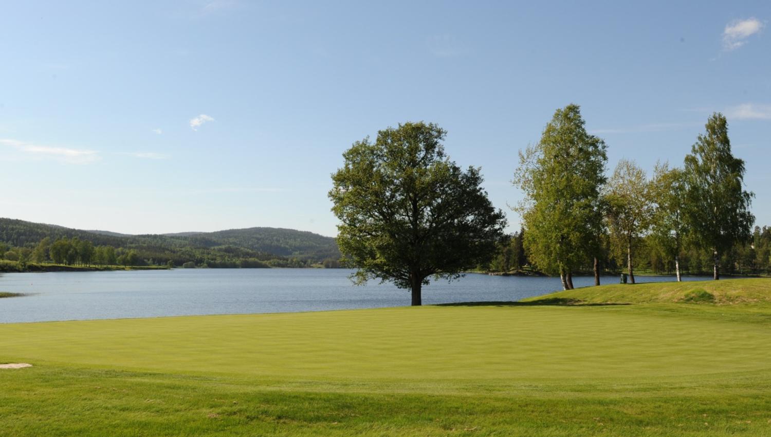 view of the golf course with the fjord in the background