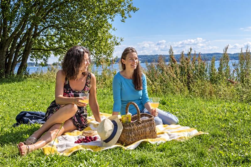 Two women sitting on a picnic blanket on the grass beside the Oslofjord, with a picnic basket and food in front of them.