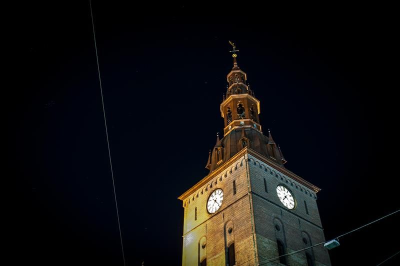 the tower of oslo cathedral at night