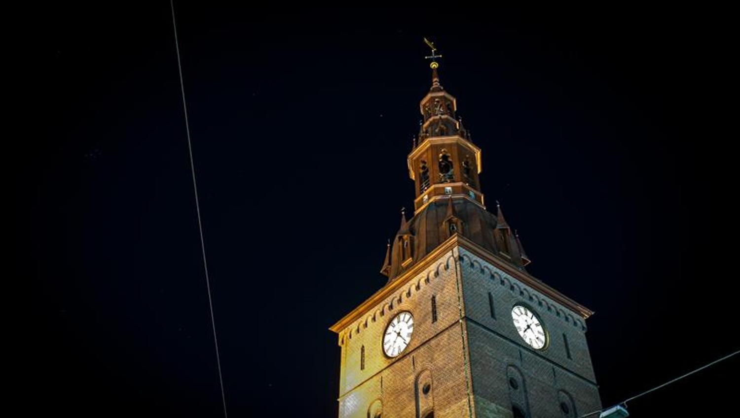 the tower of oslo cathedral at night