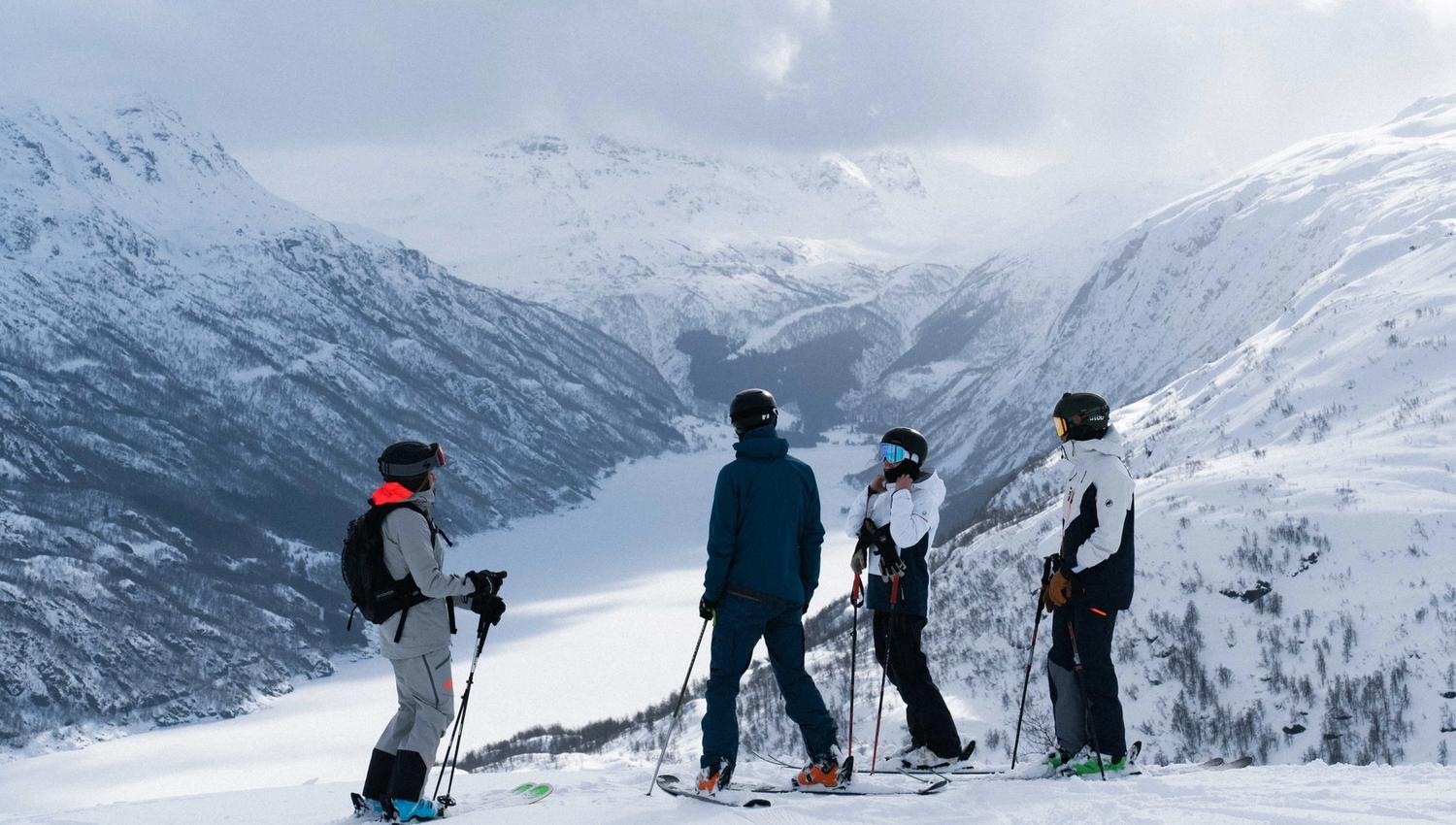 Four people skiing in a beautiful winter landscape.
