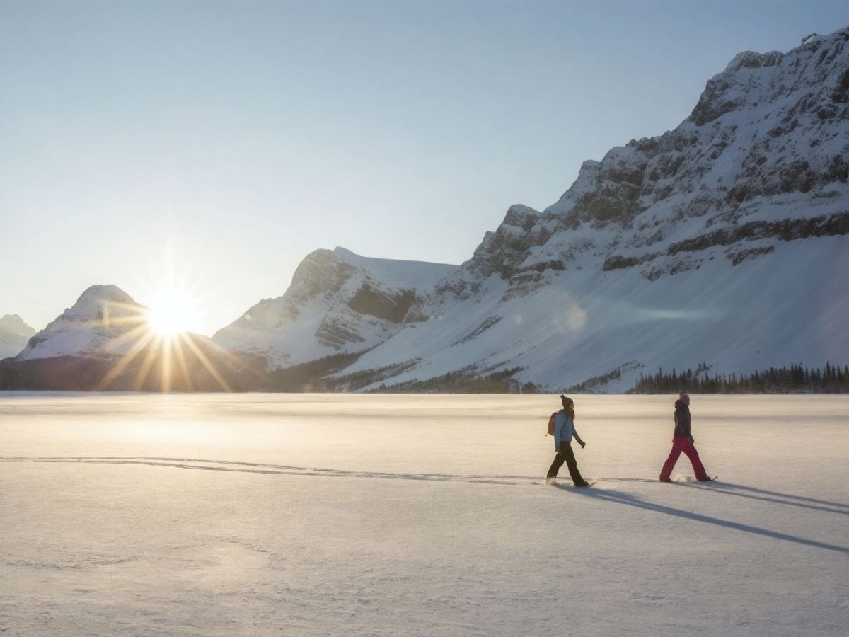 Guests snowshoeing with the Arctic landscape in the background
