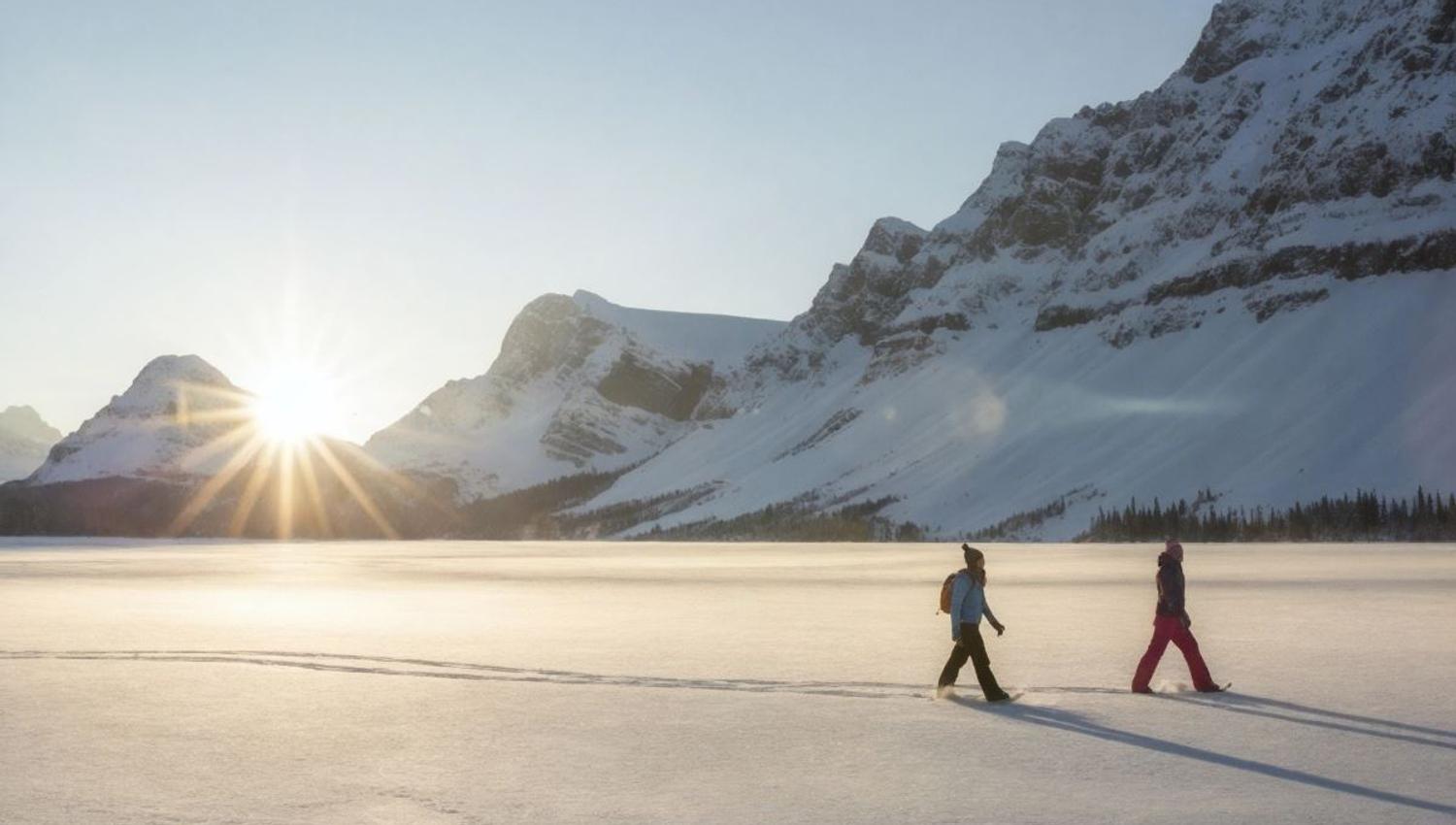 Guests snowshoeing with the Arctic landscape in the background