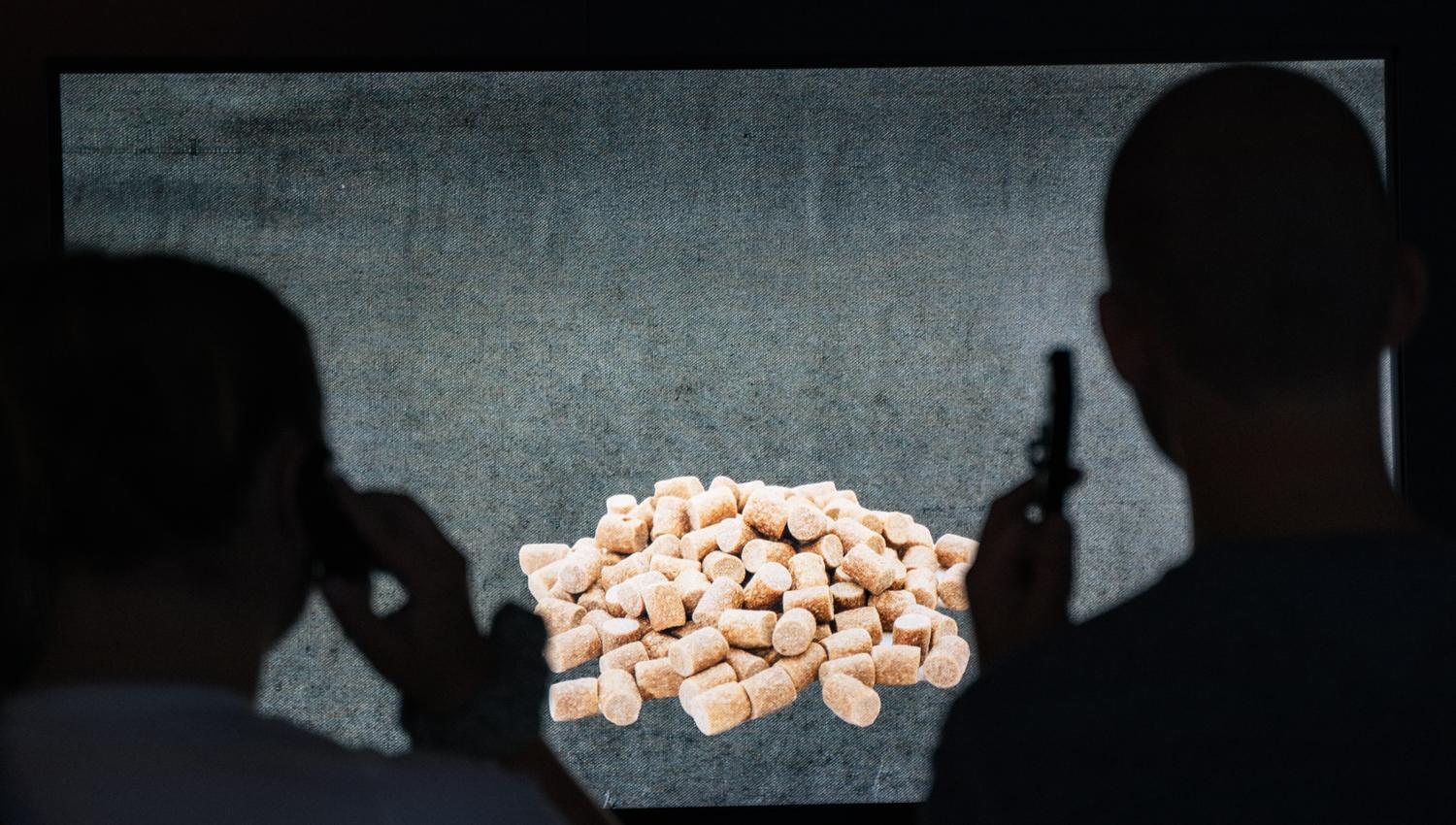 Visitors watching a close-up film of fish feed in the “This is where we live” exhibition at Hardanger Aquaculture Centre.