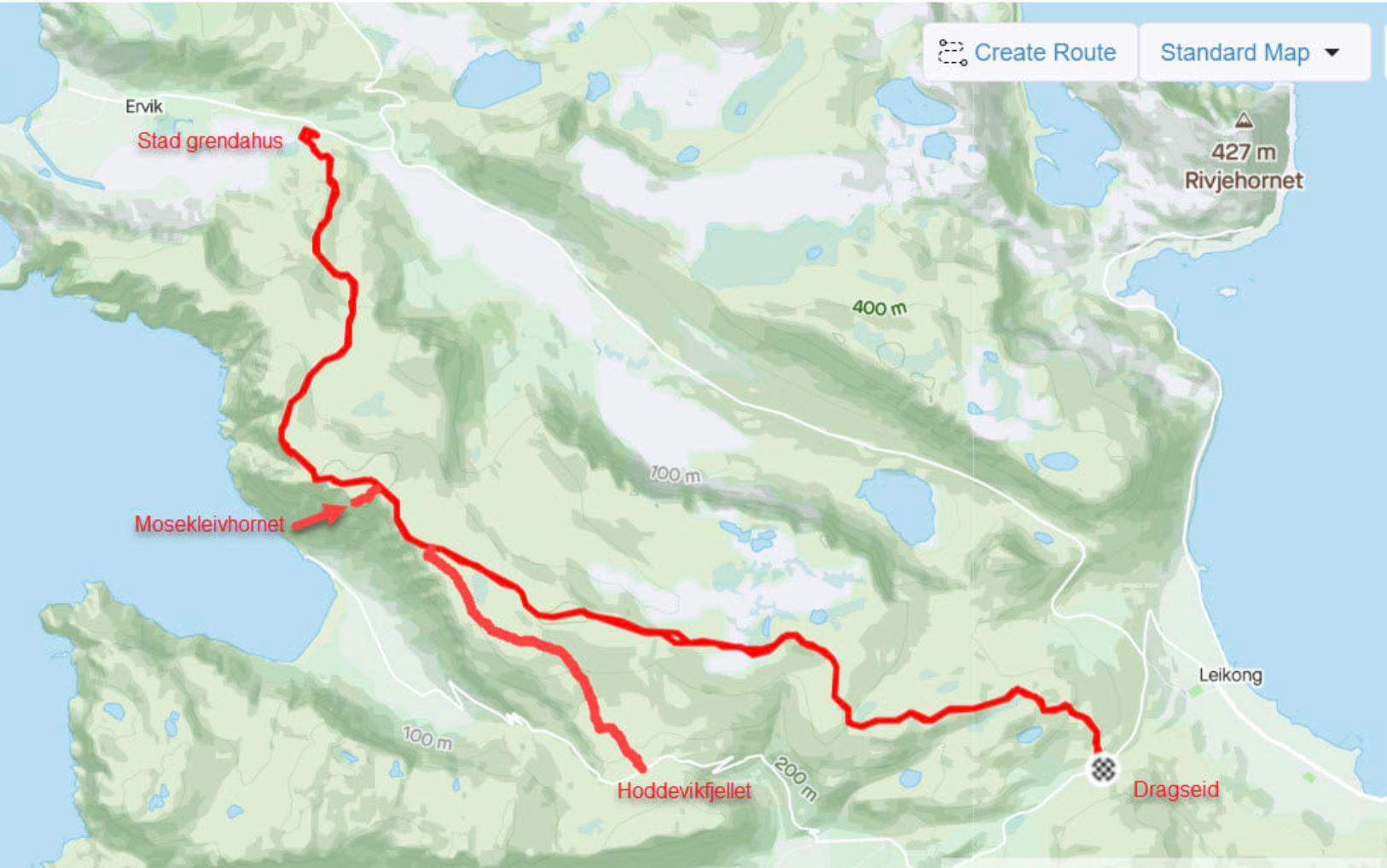 Topographic map with a red route line from Dragsæid toward Stad grendahus, passing Mosekleivhornet and Hoddevikfjellet.