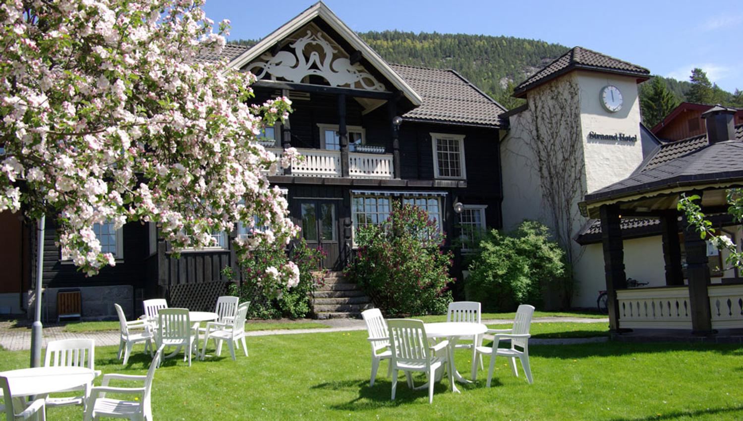 the apple orchard at Straand Hotel in the spring