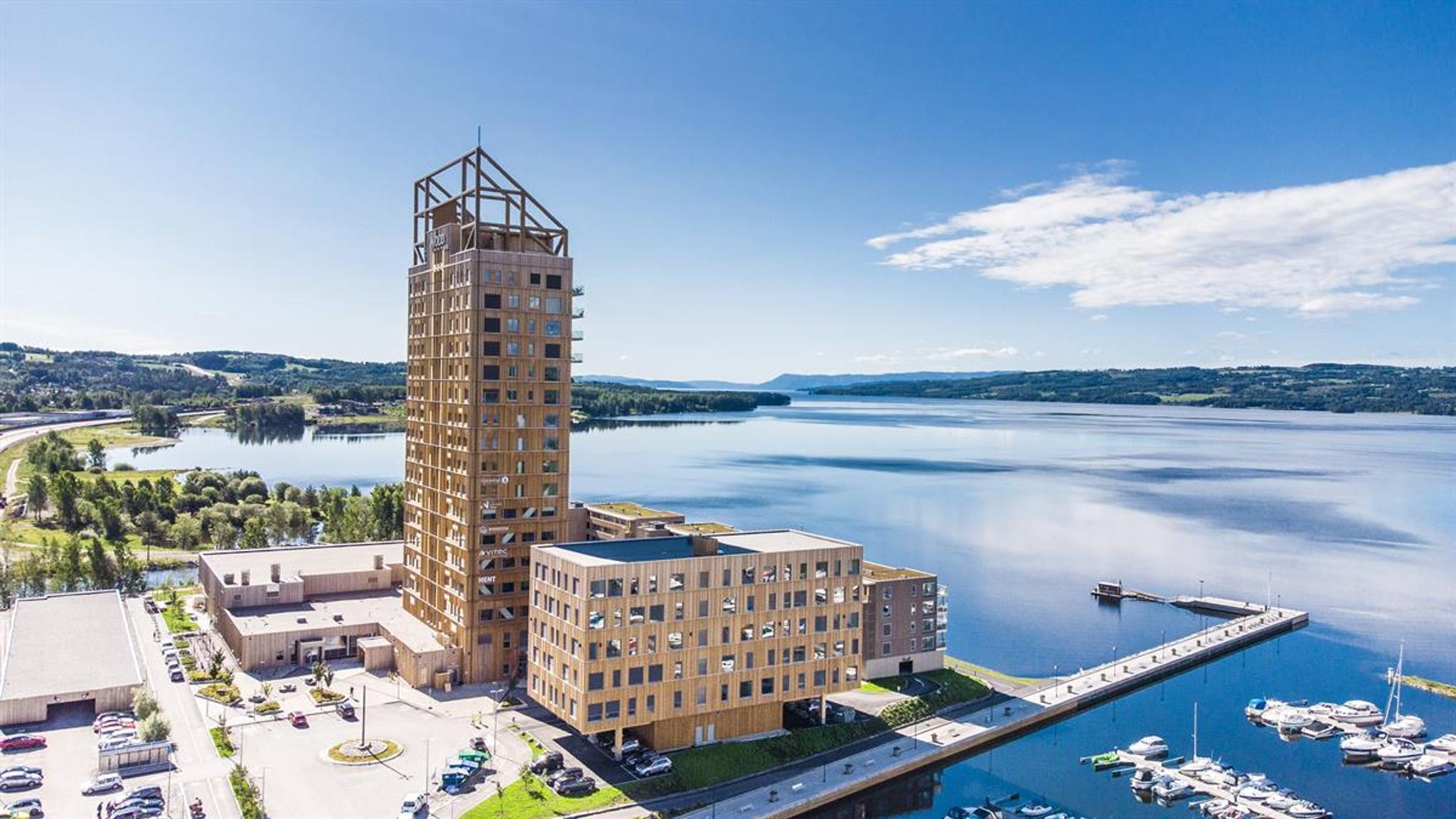 Drone image of Wood Hotel and Mjøsa