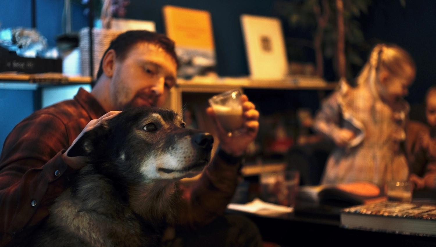 A person holding a cup of coffee while petting a husky in the foreground.