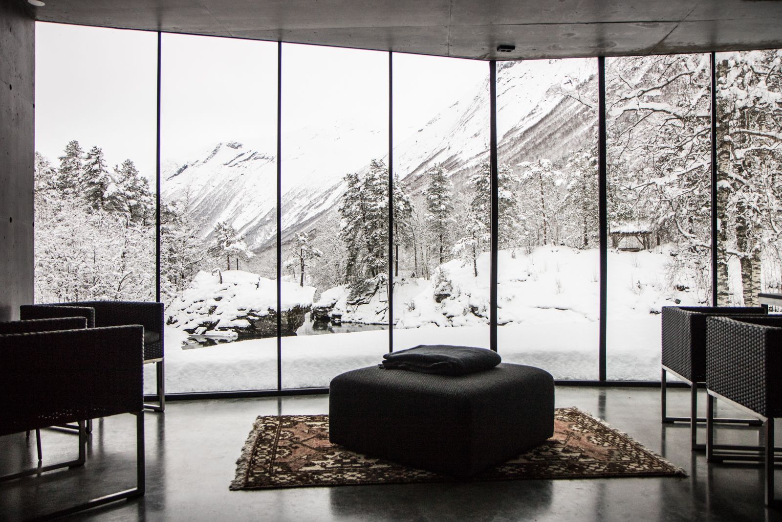 Juvet landscape hotel interior and view to the forest and river