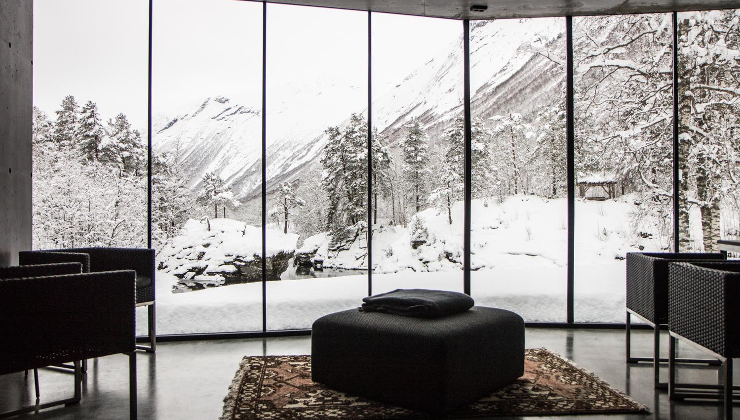 Juvet landscape hotel interior and view to the forest and river