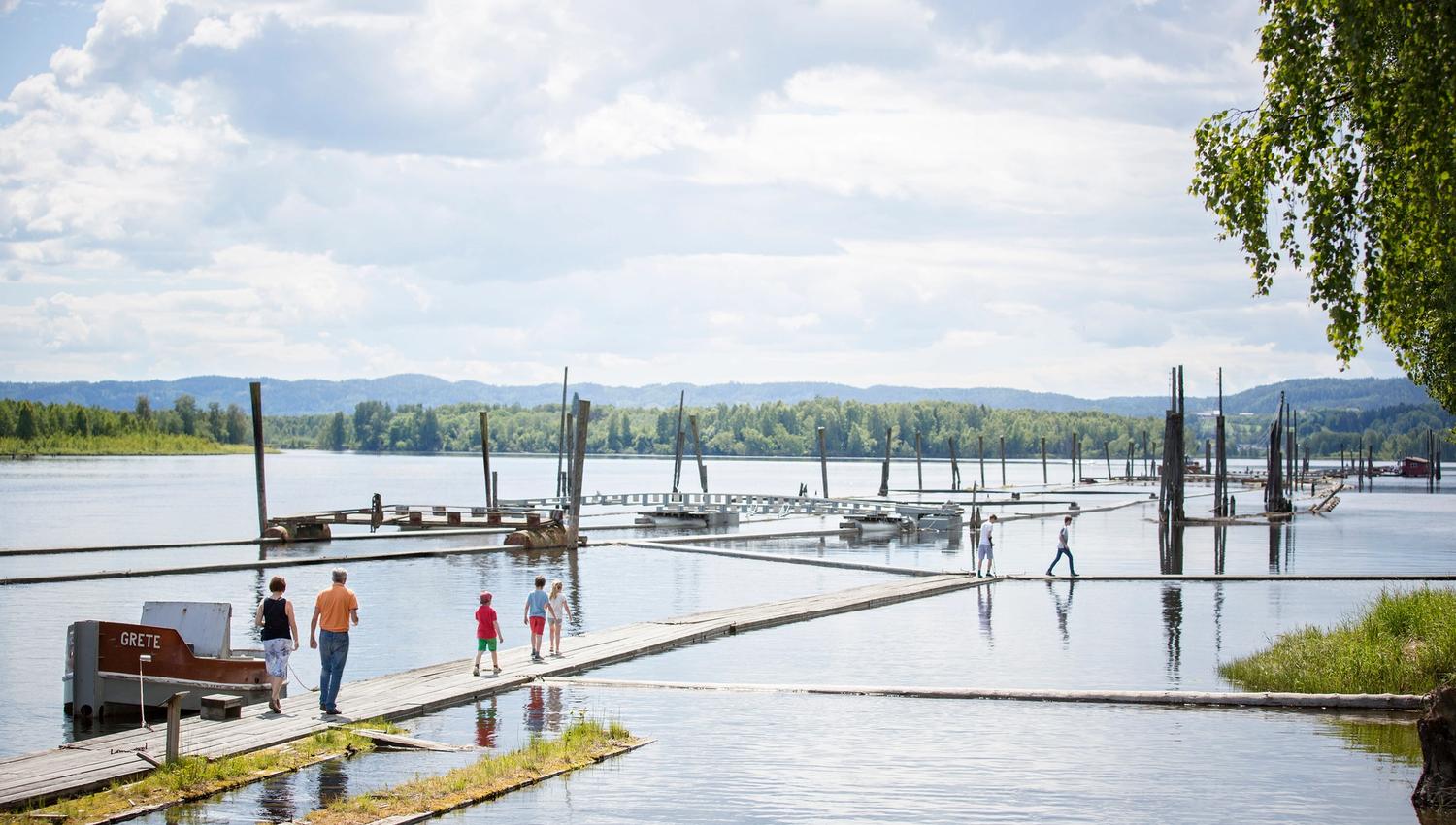 Family walking on water