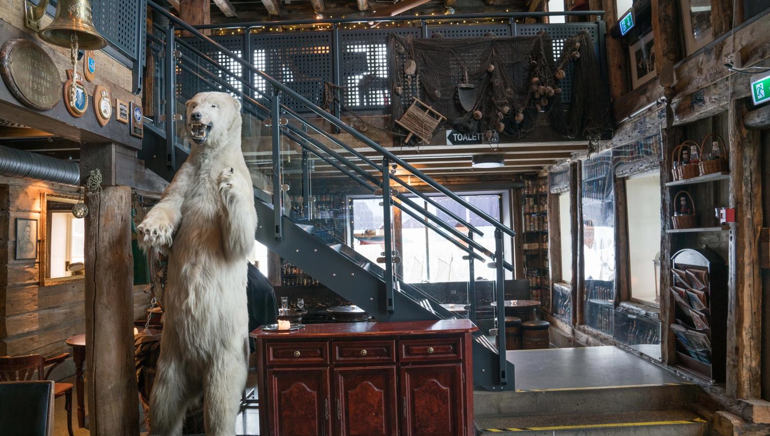 a room with decorations of a polar bear and old fishing stuff