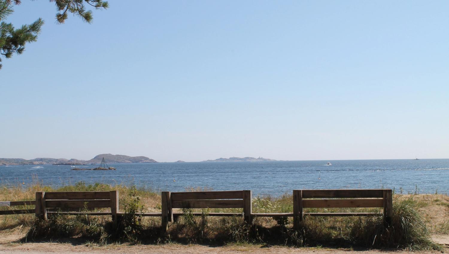 Bilde av tre benker på rekke og rad med utsikten mot havet