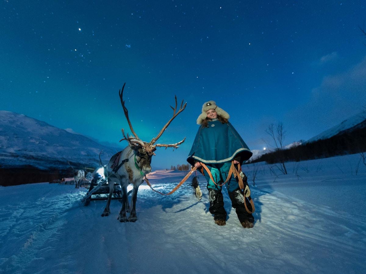 A guest holding a reindeer on a lead with the Northern Lights above