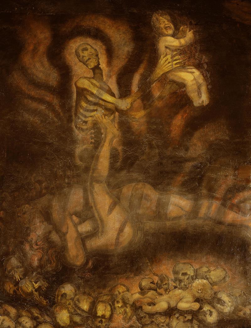 Detail photo of painting: A skeleton lifting a child.