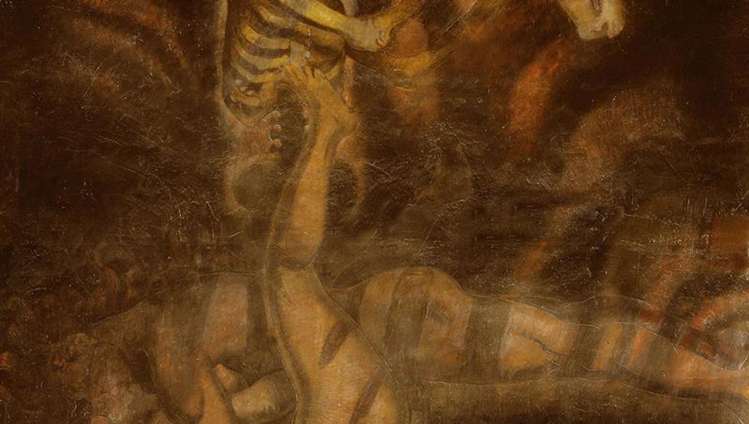 Detail photo of painting: A skeleton lifting a child.