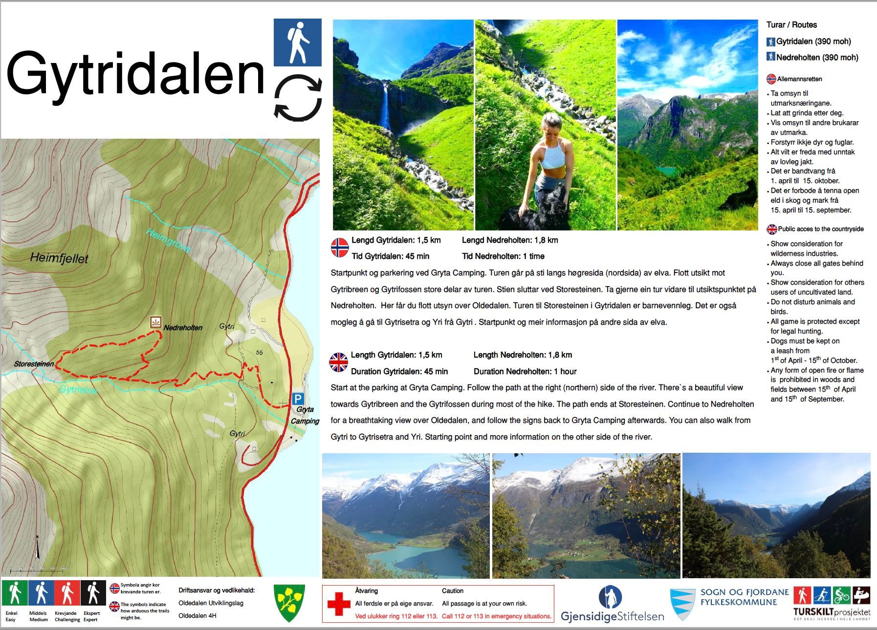 Outdoor information board titled Gytridalen with a trail map, route notes, and several mountain landscape photos.