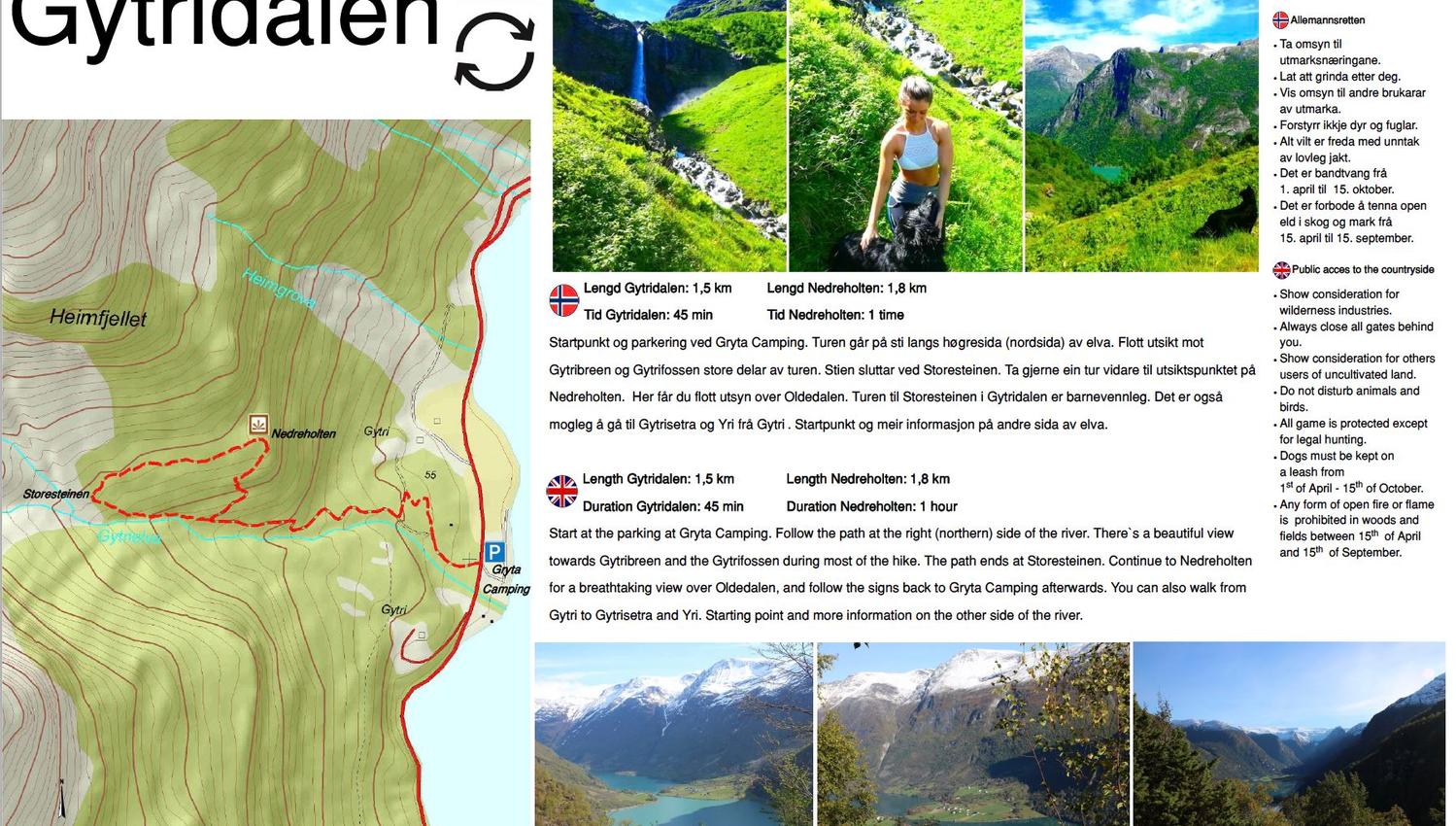 Outdoor information board titled Gytridalen with a trail map, route notes, and several mountain landscape photos.