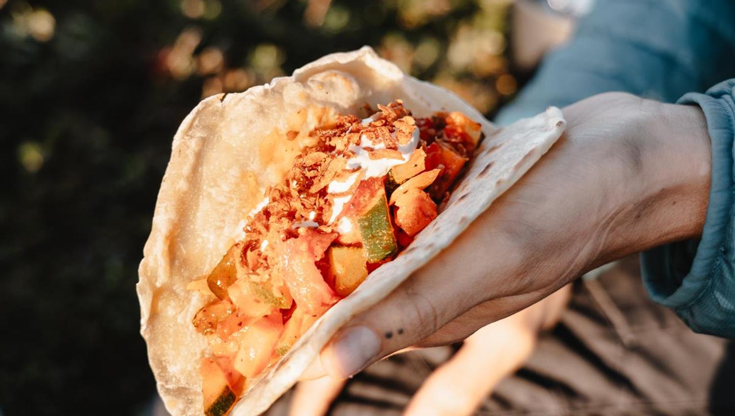 Hand holding a vegetable-filled wrap