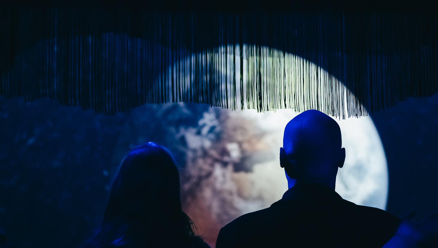 Two people looking at an exhibition at Salmon Eye