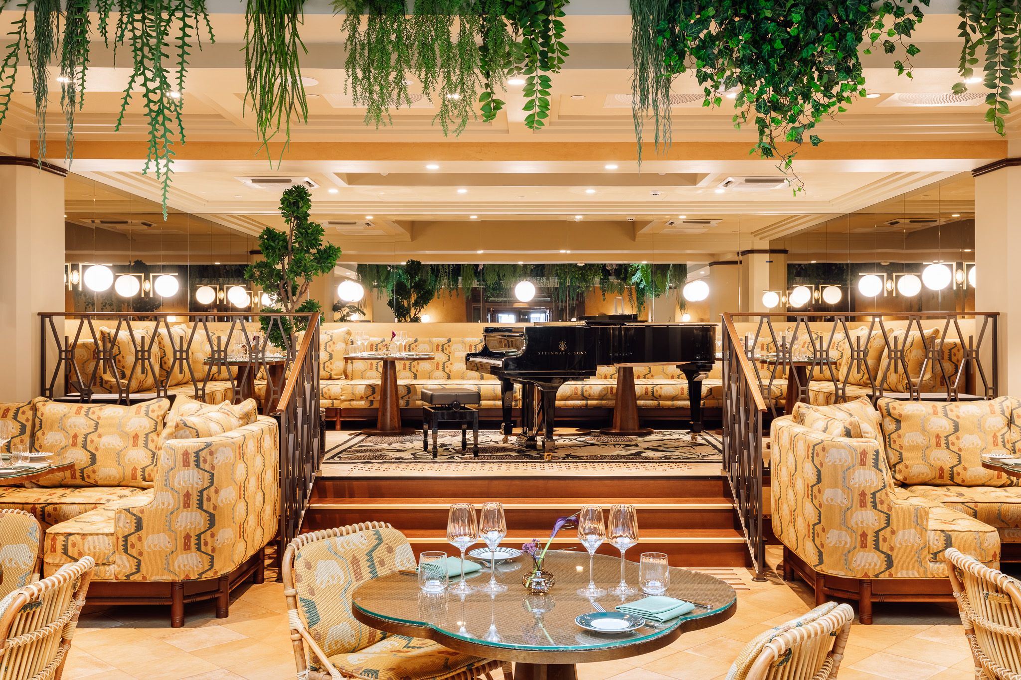 Seating sections and a grand piano