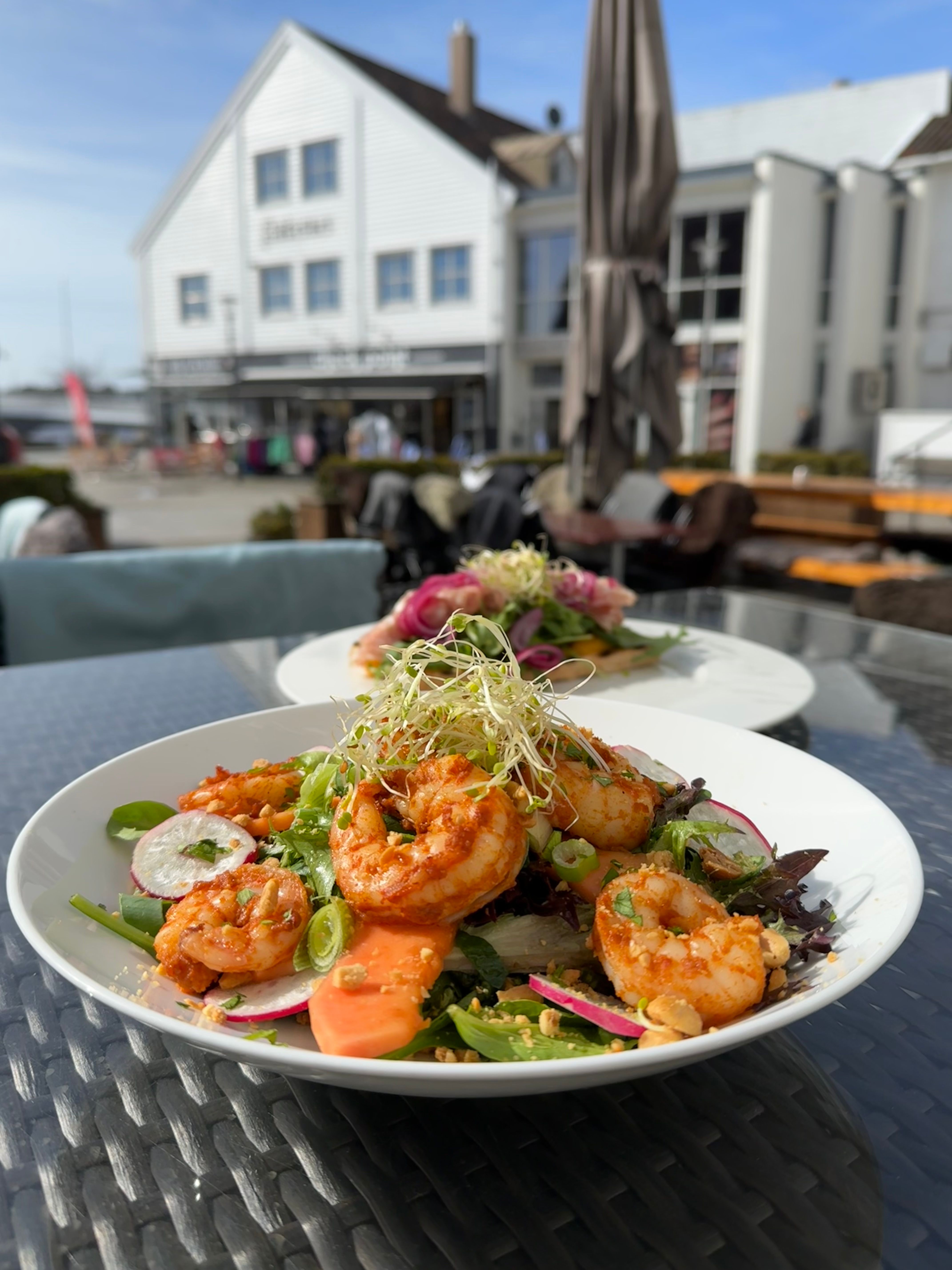 Food photo: scampi salad — green salad with spring onions, radish, bean sprouts, and scampi.