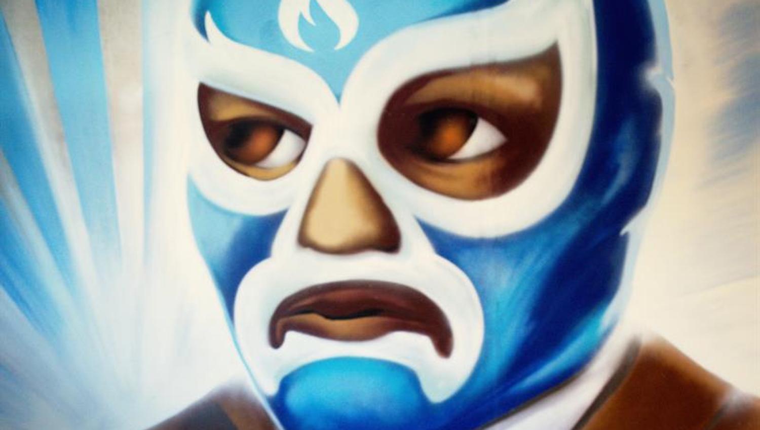 Detail photo of various foods, vegetables and fruits on wooden poles in front of a mural of a luchador.