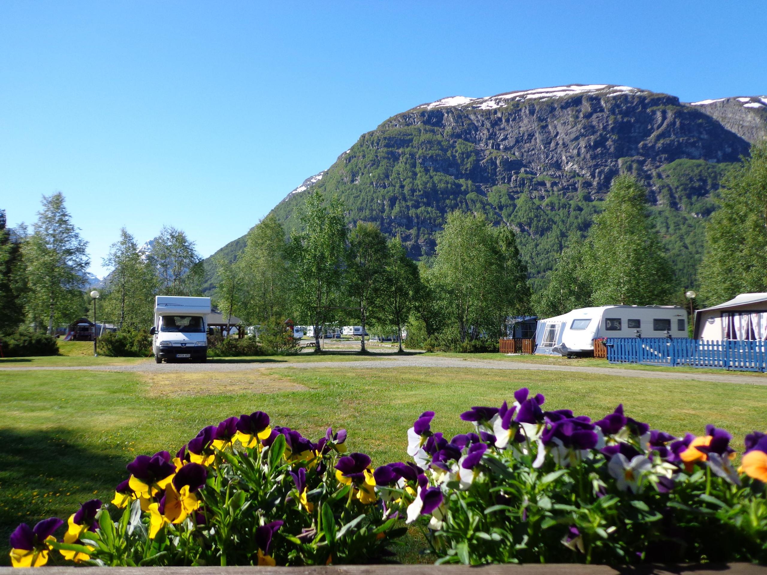 Bubil og campingvogner på grøn grasflate, tre langs kanten og eit stort fjell under klar blå himmel på Byrkjelo Camping i Gloppen..
