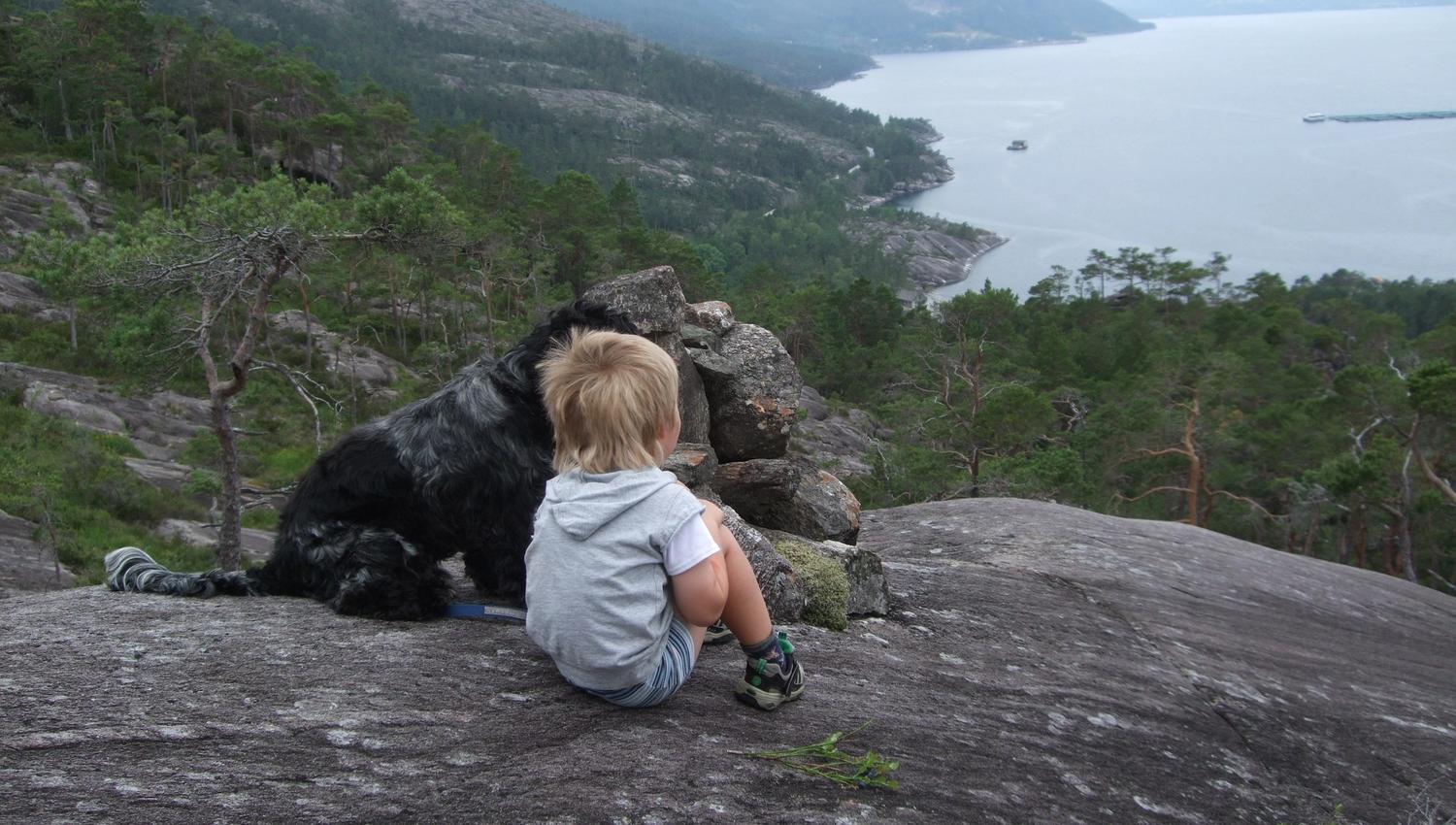 Child and dog sitting on smooth rock formations at Hereiane, overlooking the Hardangerfjord and the surrounding green hills.