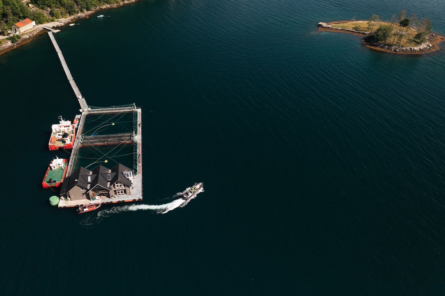 Luftaufnahme des Hardanger Aquakulturzentrums mit Lachsfarm und Booten im Hardangerfjord.