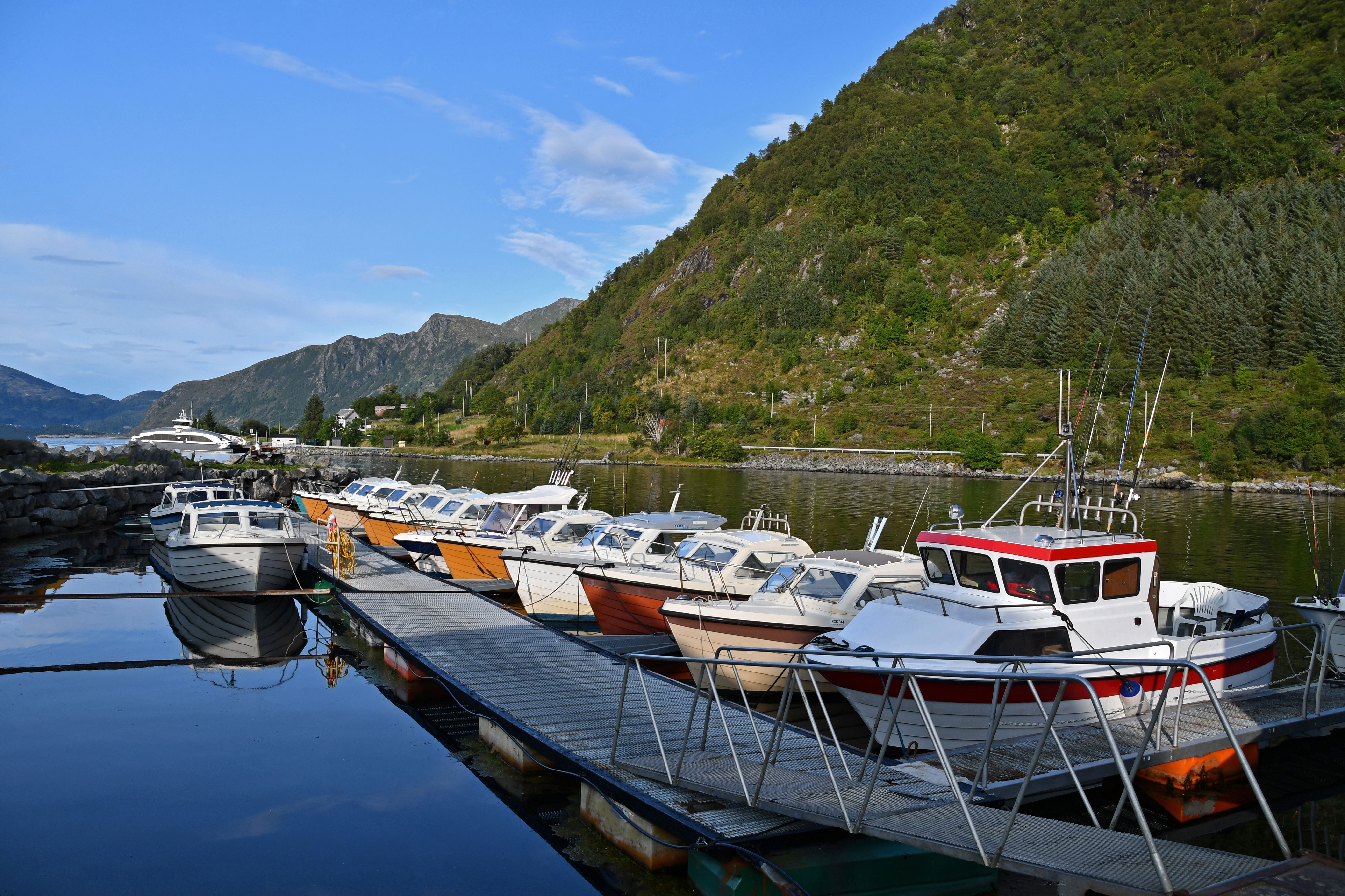 Several small motorboats moored along a floating dock on calm water, with green mountains and a blue sky behind..