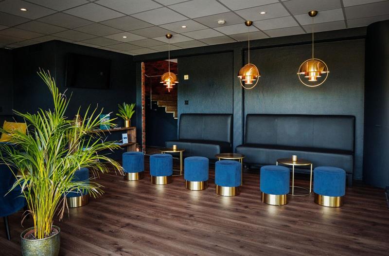 lobby with blue chairs
