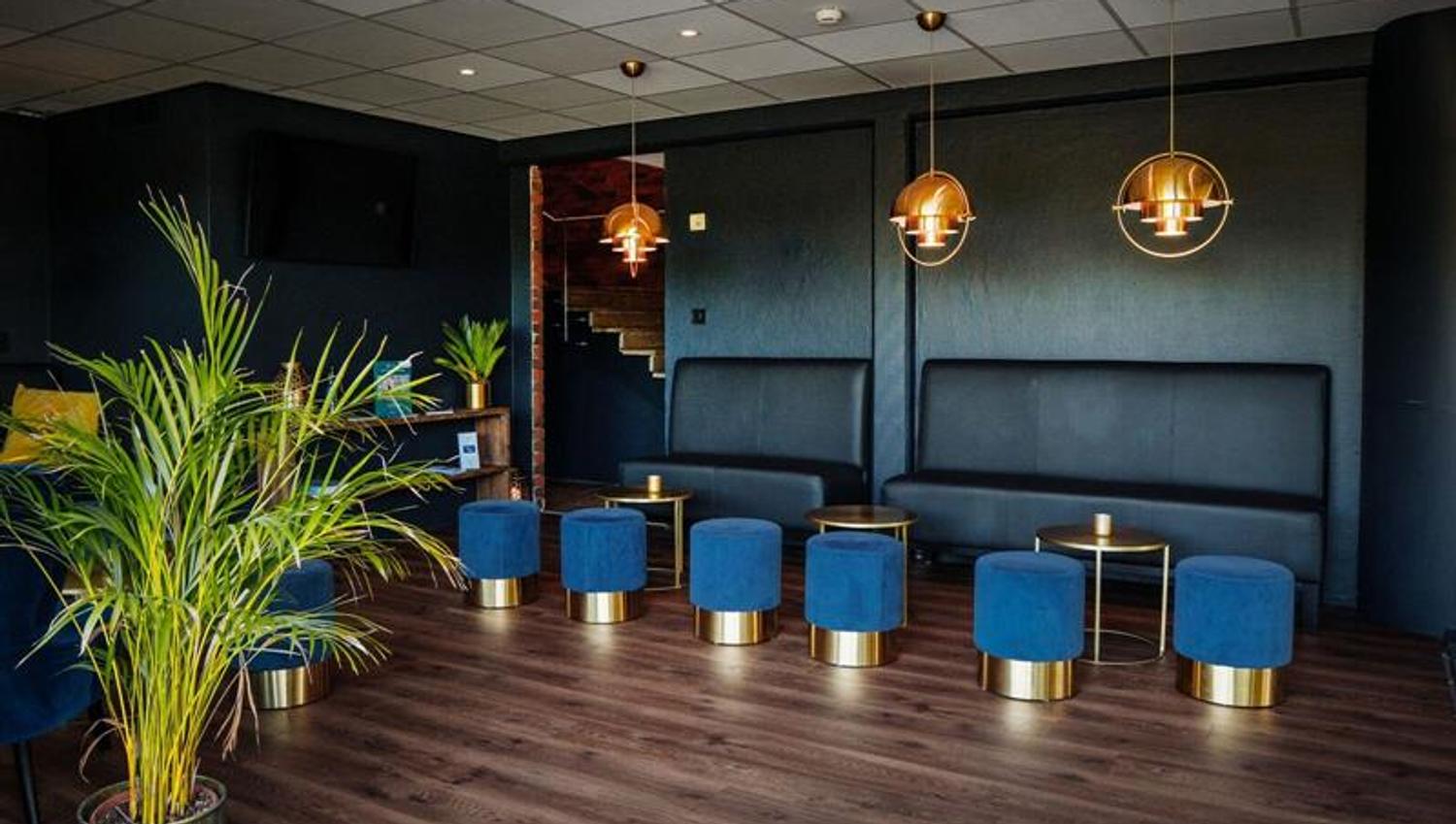 lobby with blue chairs