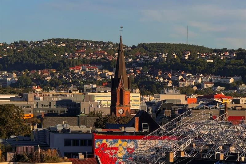 View over the city with church spires, rooftops, and a hill in the background