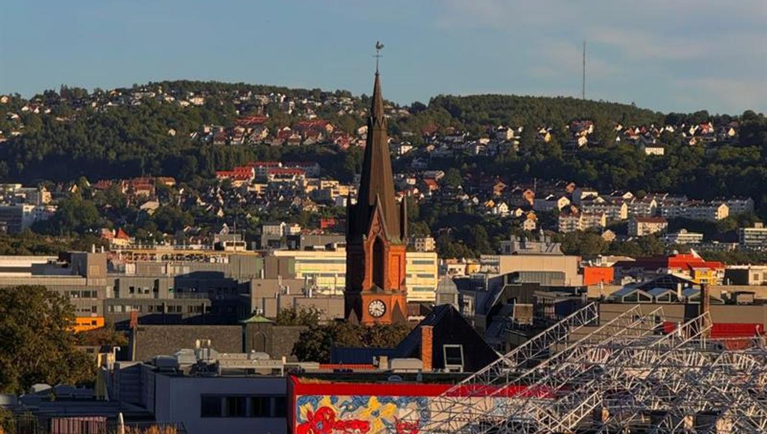 View over the city with church spires, rooftops, and a hill in the background