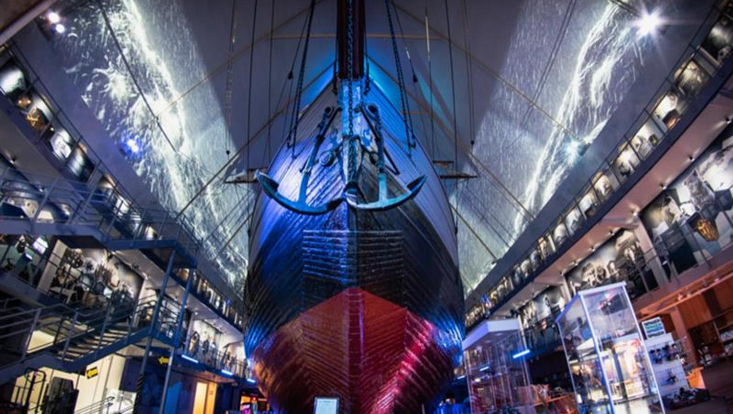 Interior photo of the ship inside the Fram Museum.