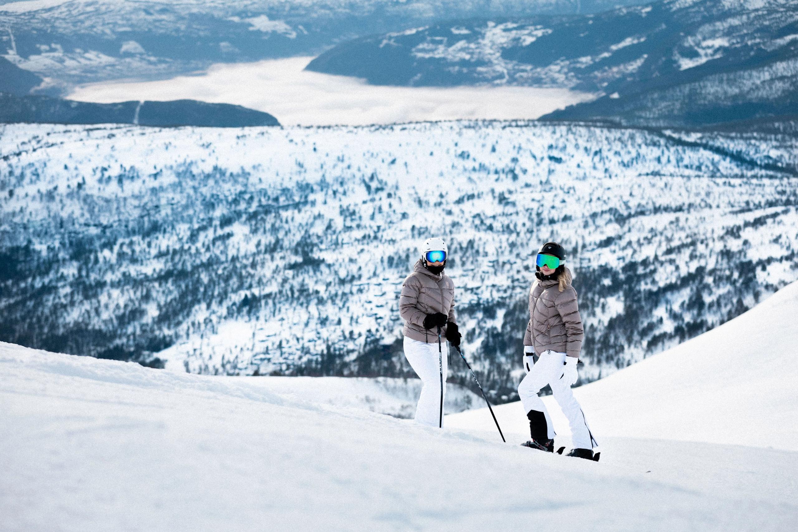 Two skiers in helmets and goggles stand on a snowy slope with a forested valley and distant lake below.