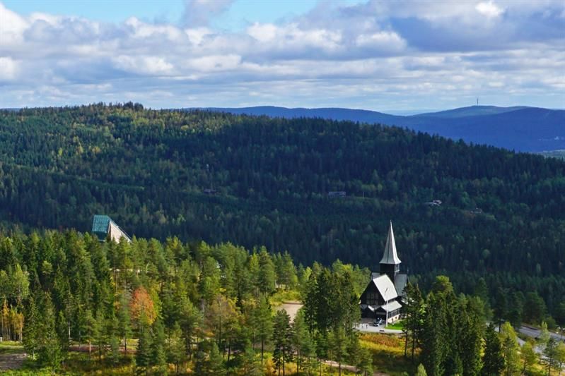 Aerial shot of the church, surrounded by trees.