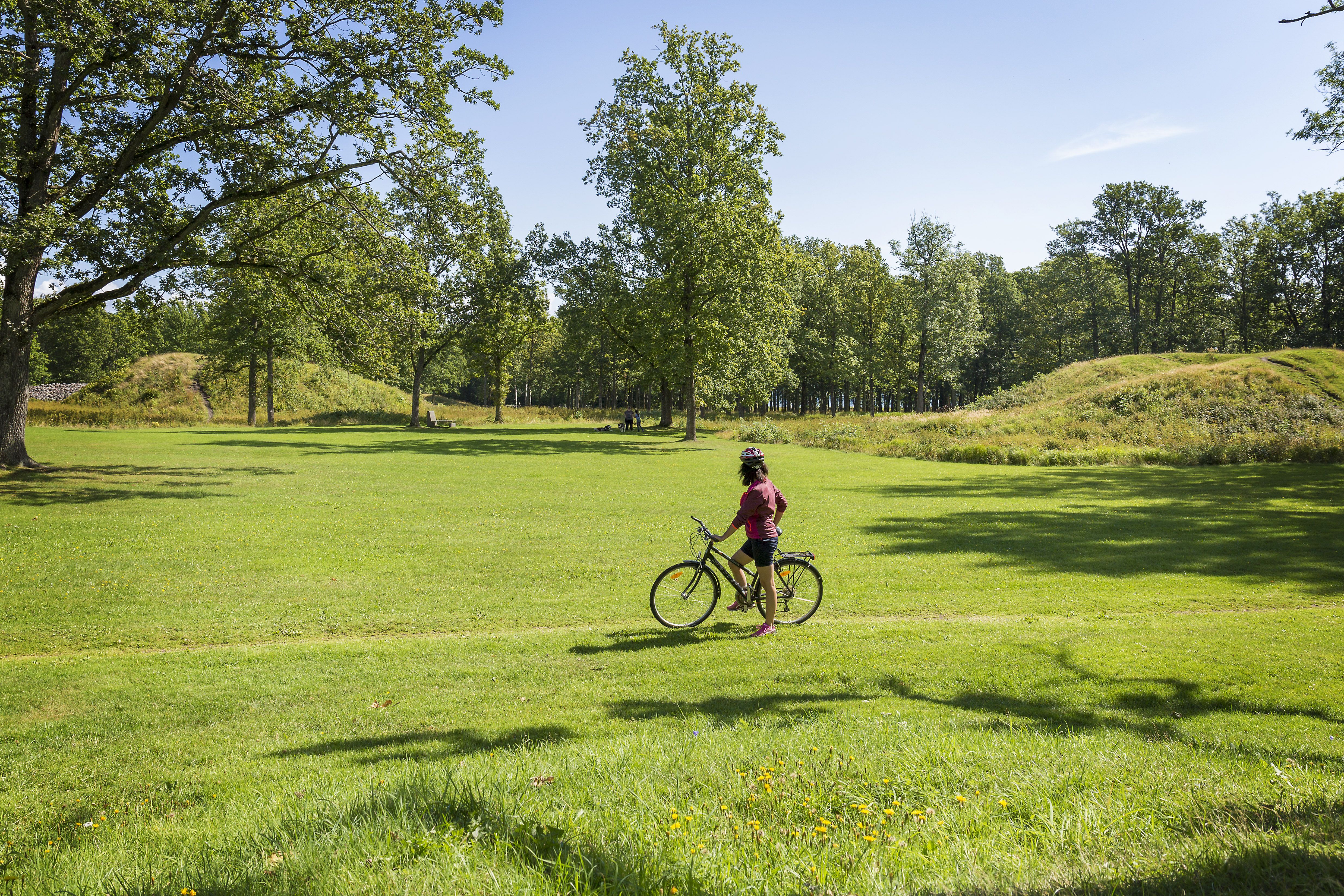 Lady cycling in Borreparken and looking at Borrehaugene
