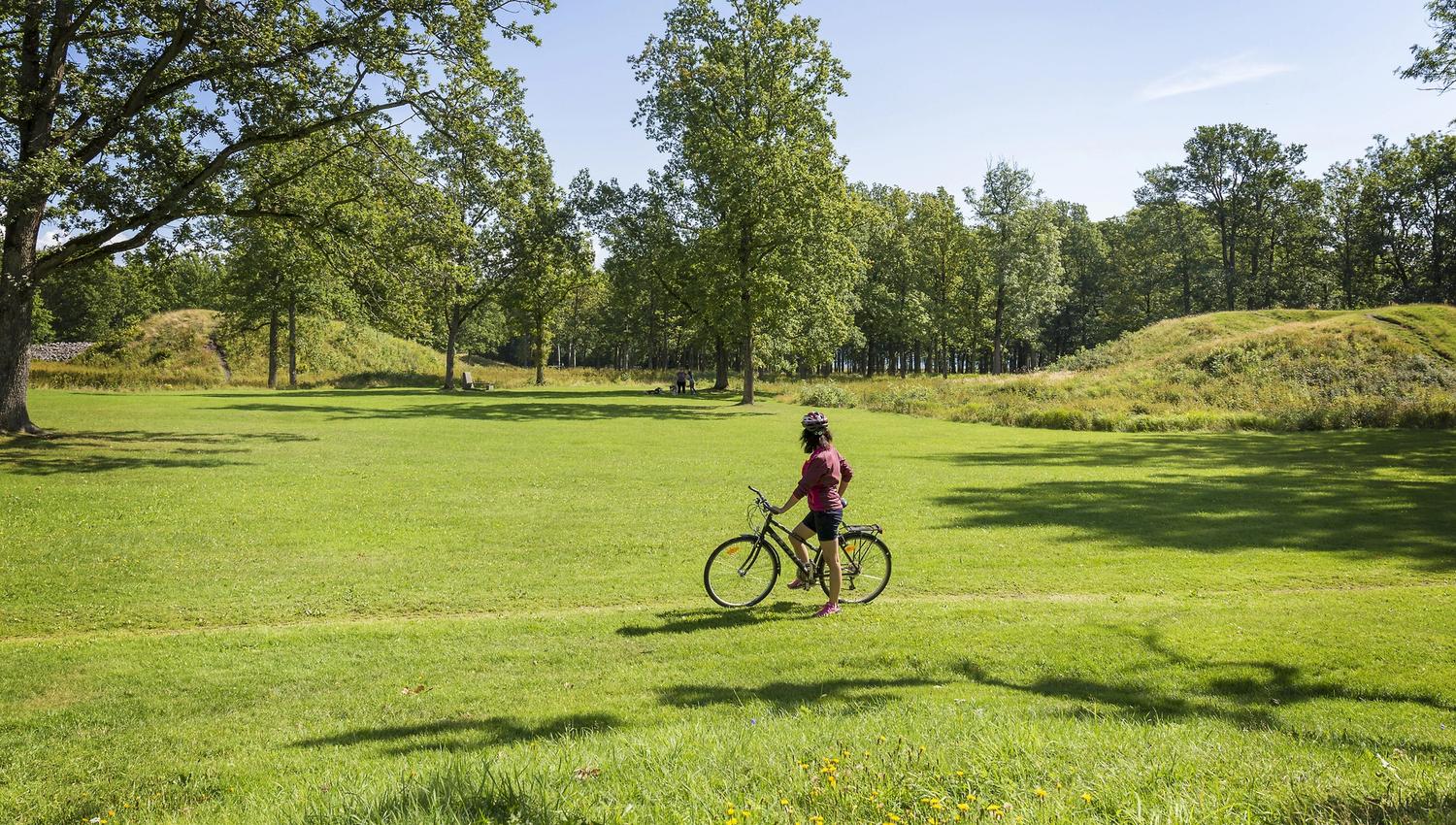 Lady cycling in Borreparken and looking at Borrehaugene