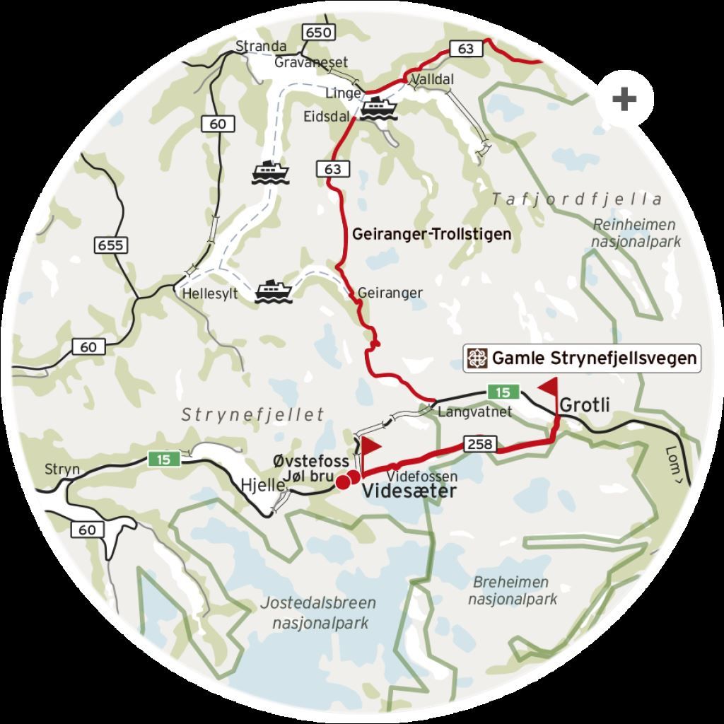 Illustrert kart med raud rute mellom Geiranger-Trollstigen, Grotli og Videsæter, med vegar og fjordar..