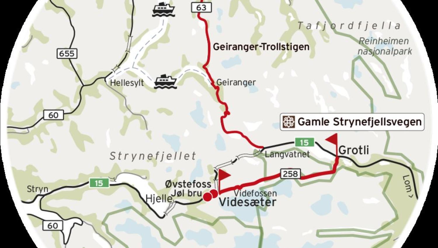Illustrert kart med raud rute mellom Geiranger-Trollstigen, Grotli og Videsæter, med vegar og fjordar..