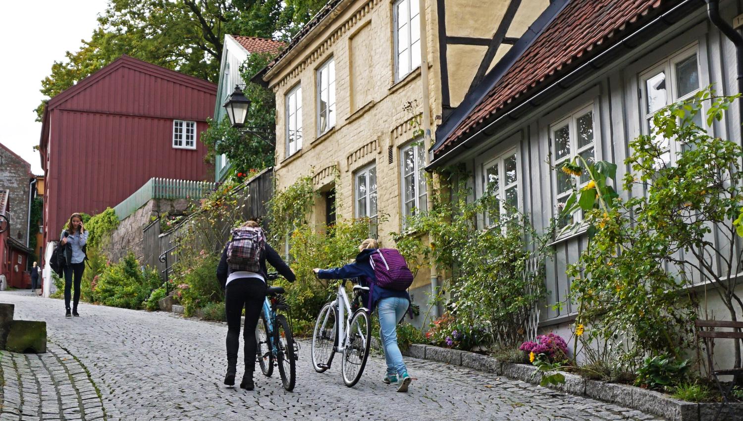 A couple of people rolling their bikes up Telthusbakken, a girl walking downhill.